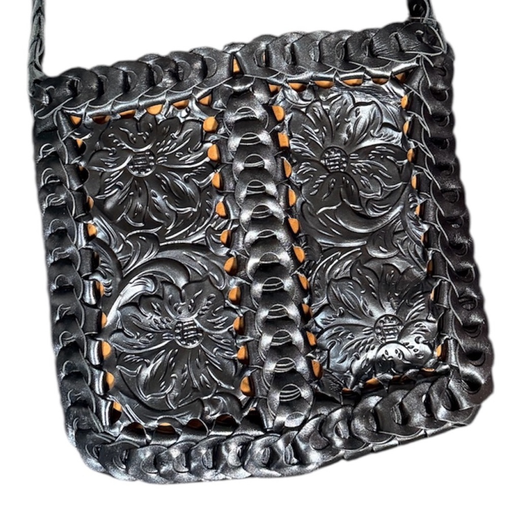 Patricia Nash Vaticci Tooled Leather Crossbody Bag Black Woven Chain Strap - Picture 6 of 9